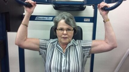 Jan, age 64, is using the Abstract Bodyworks program to increase muscle mass. She is able to work out in her street clothes.